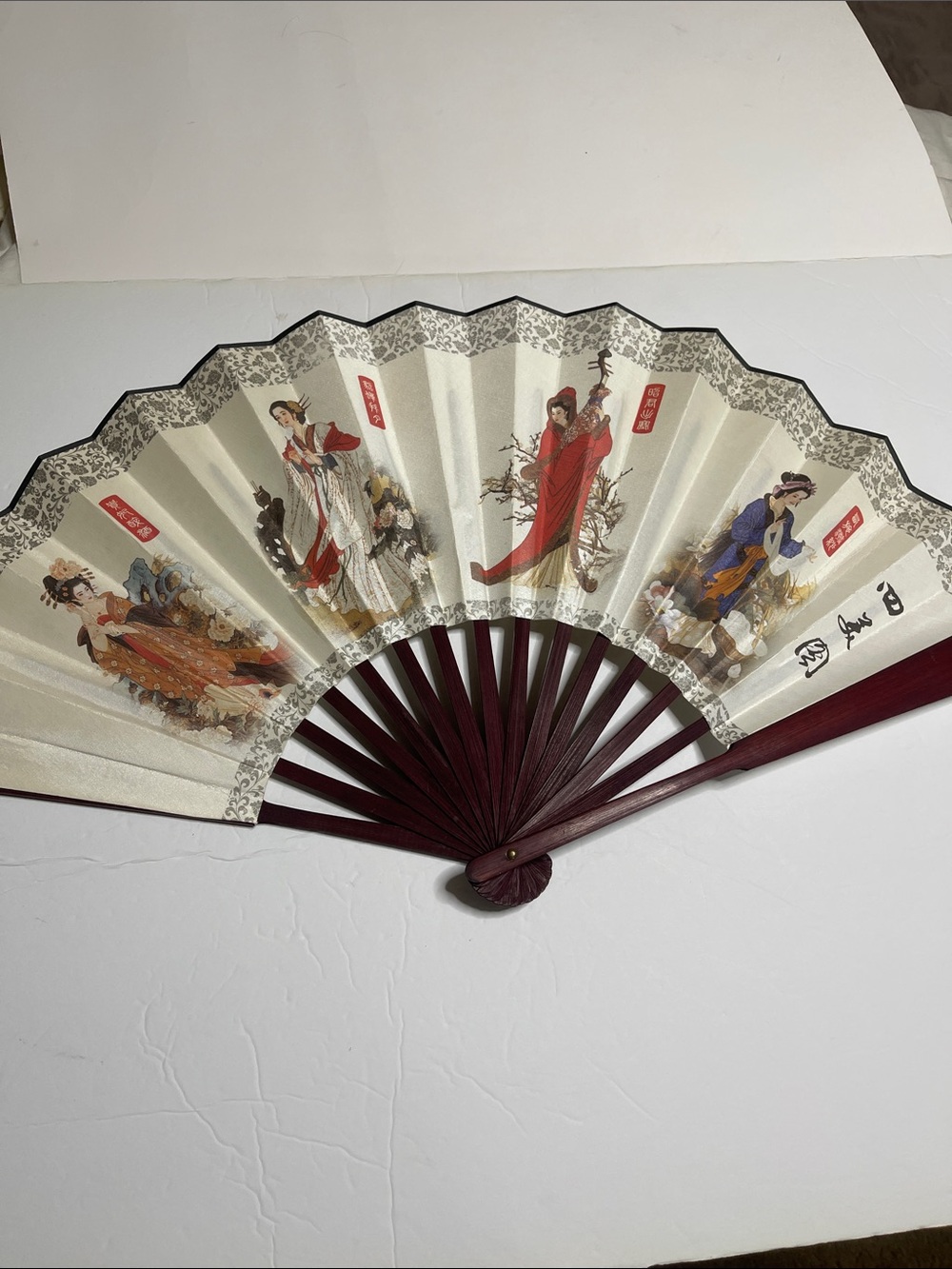 Handheld Decorative Asian Folding Fan in Ivory and Burgundy